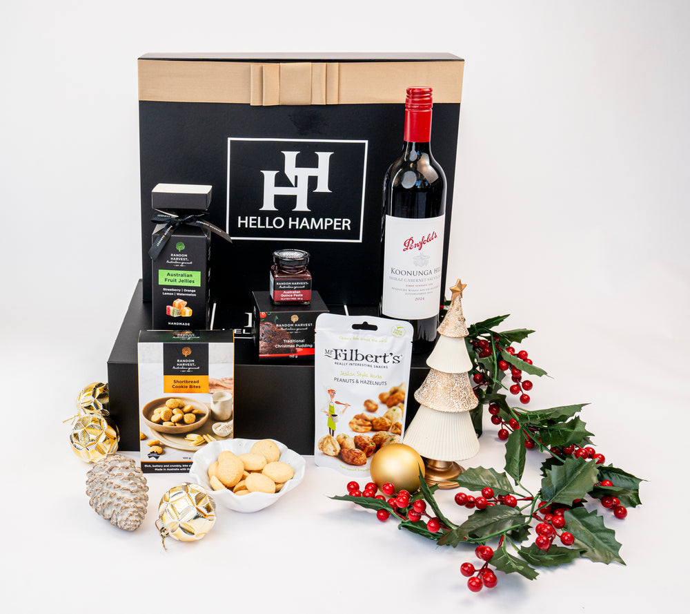 Hello Hampers Christmas hamper with Penfolds red wine, gourmet treats and the black HH gift box