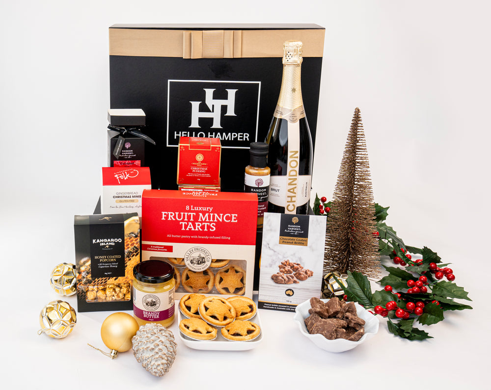 Hello Hampers Christmas hamper with Chandon sparkling wine, fruit mince tarts and chocolates