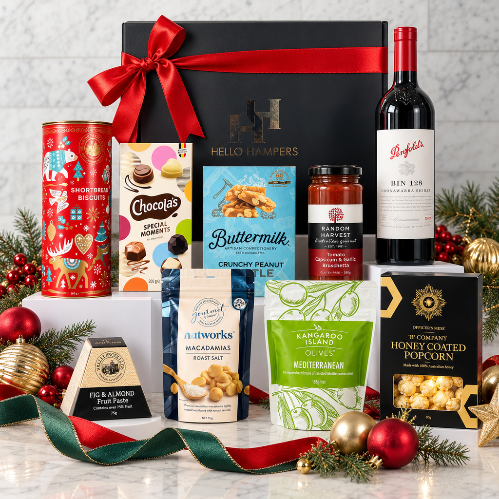Penfolds Bin 128 Deluxe Christmas Gourmet Hamper with wine, chocolates, shortbread, macadamias and gourmet treats